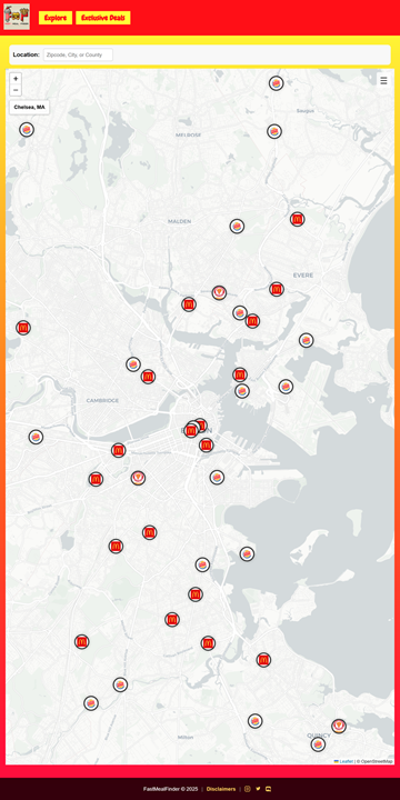 Mobile app showing fast food restaurant map
